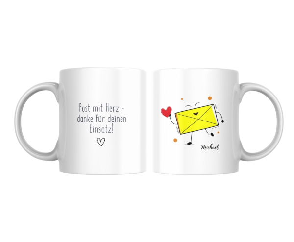 Zwei gegenüberliegende Seiten der Tasse – links mit Danksagungstext, rechts mit Briefmotiv und Personalisierung.